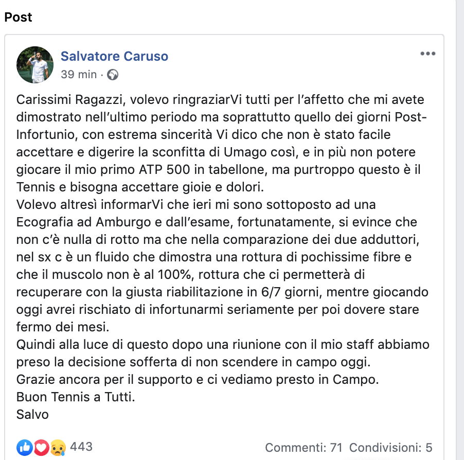 Il post pubblicato sull'account Facebook ufficiale di Salvatore Caruso